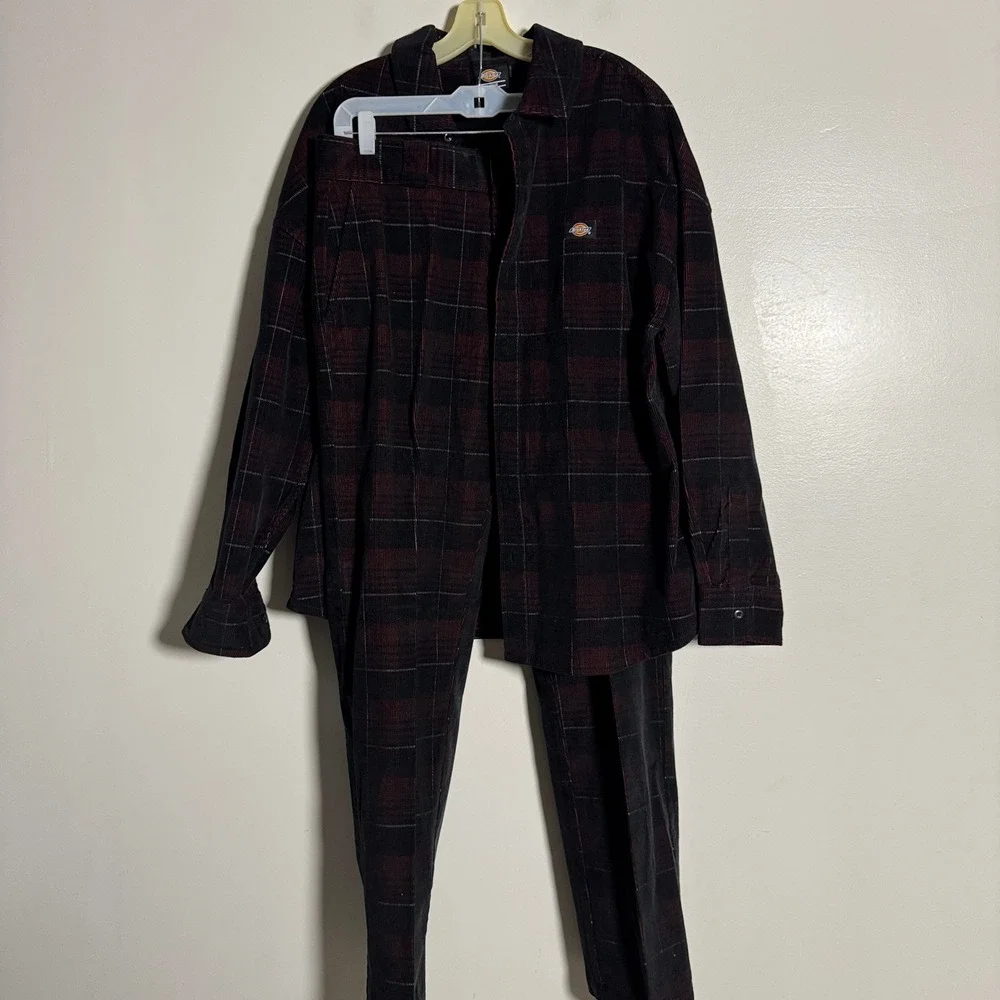 Dickies Plaid Corduroy Shirt Pants Set Mens XL 30x32 Black‎ Red Workwear Outfit